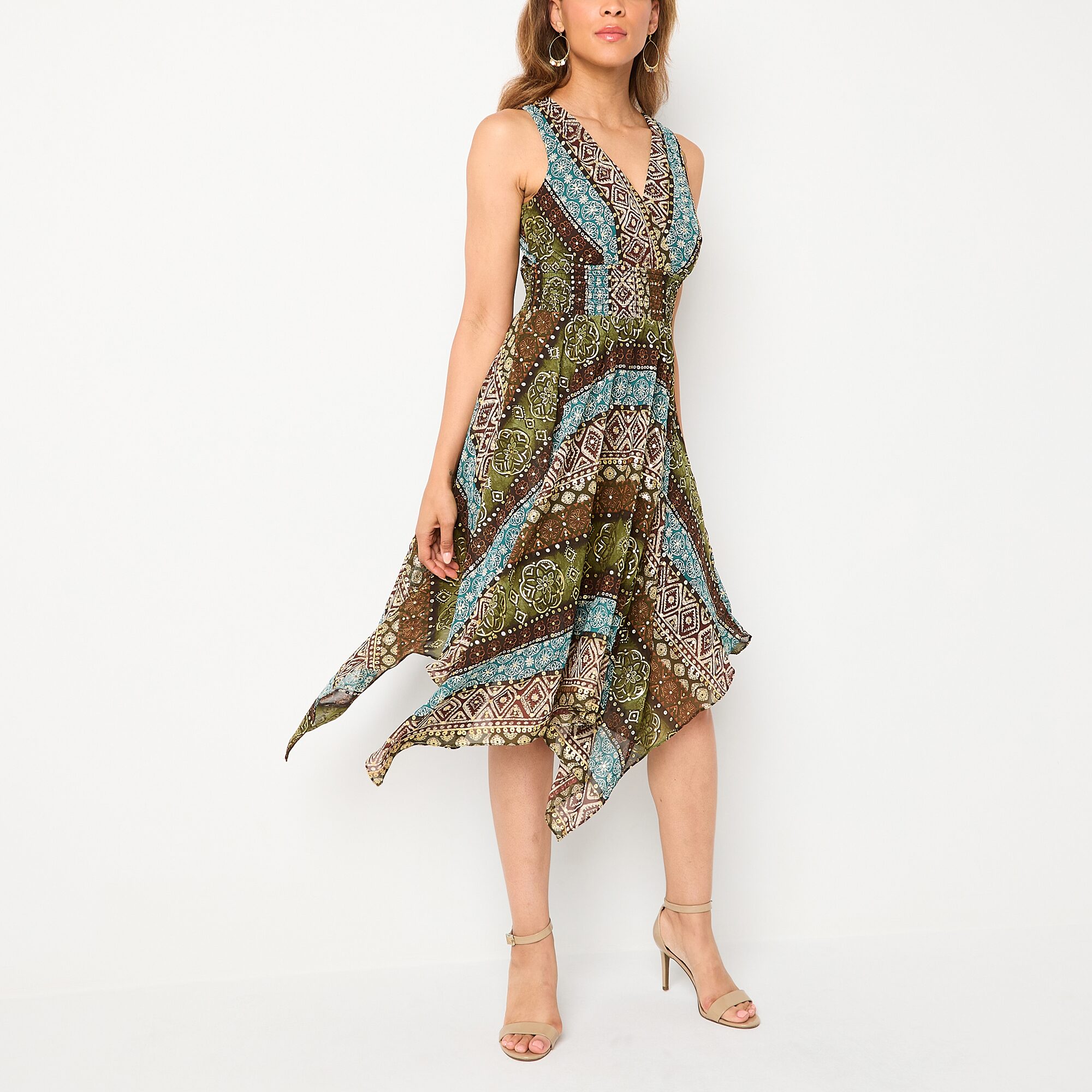 Rabbit Design Womens V Neck Sleeveless Abstract Fit + Flare Dress