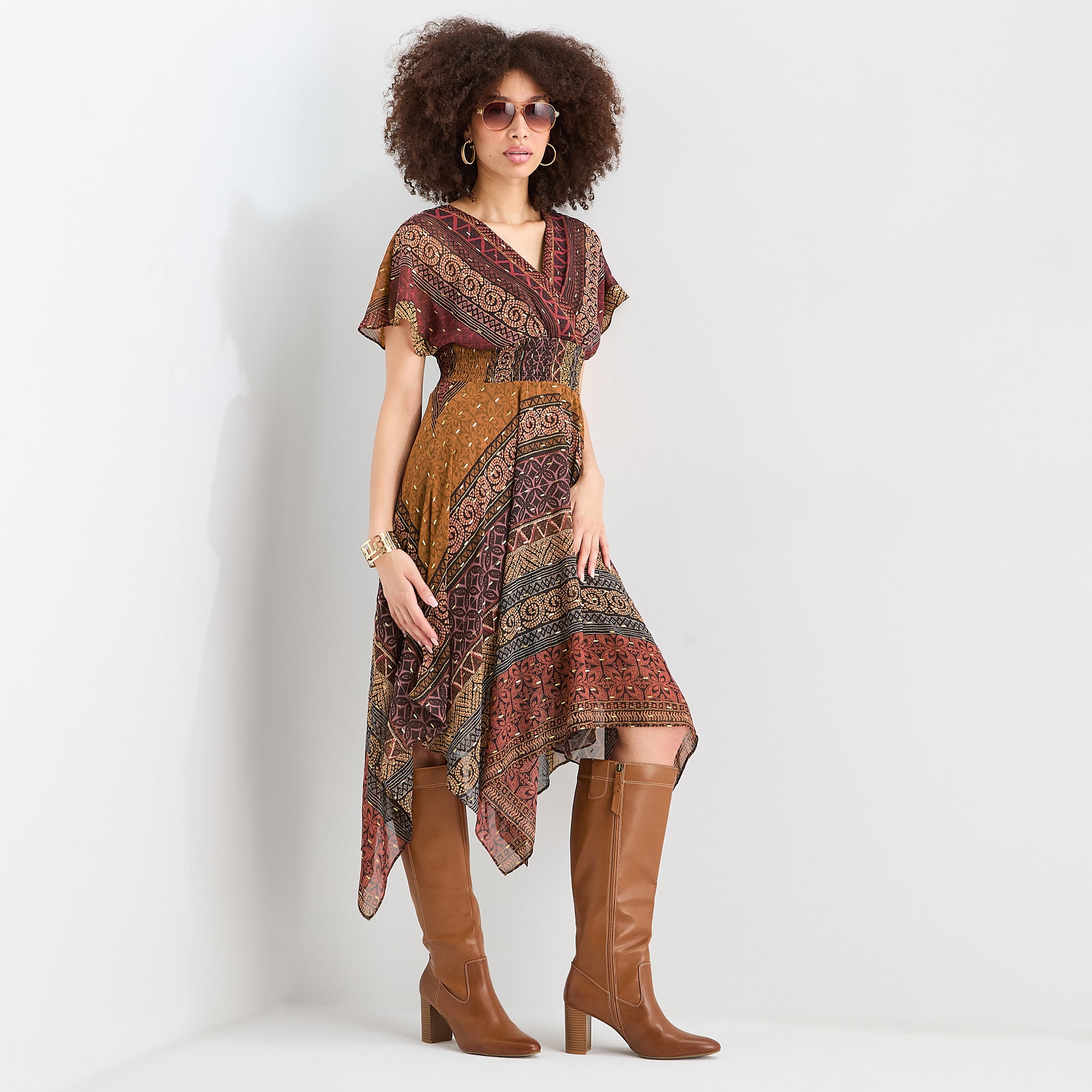 Rabbit Design Womens Midi V Neck Short Sleeve Flutter Bordered Fit + Flare Dress