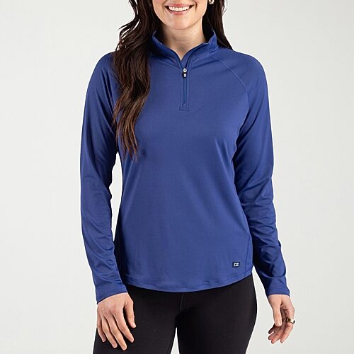 CUTTER & BUCK Womens Mock Neck Long Sleeve Quarter-Zip Pullover, Small, Blue