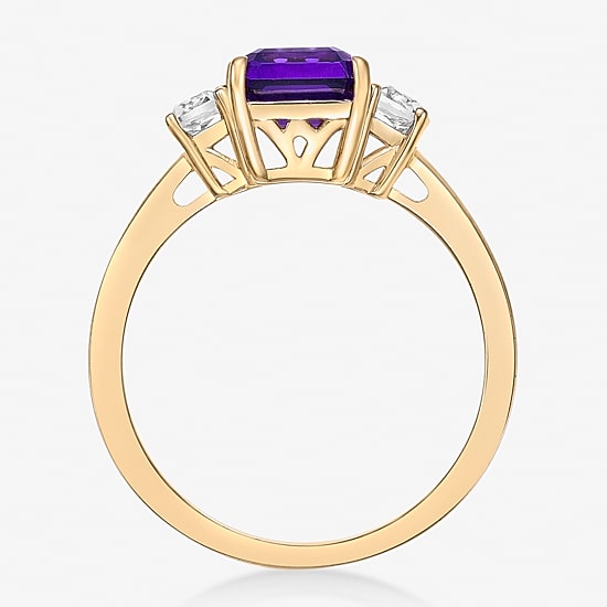 Womens Genuine Purple Amethyst 18K Gold Over Silver 3-Stone Cocktail Ring