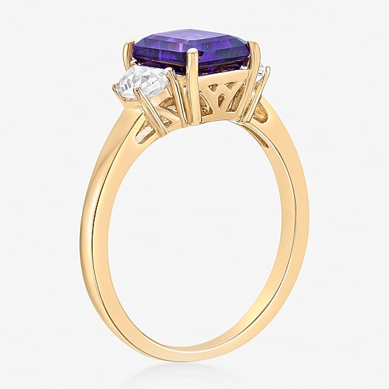 Womens Genuine Purple Amethyst 18K Gold Over Silver 3-Stone Cocktail Ring