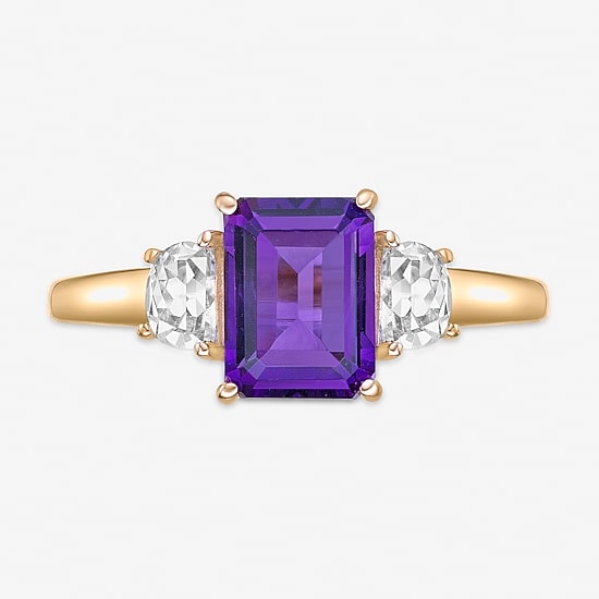Womens Genuine Purple Amethyst 18K Gold Over Silver 3-Stone Cocktail Ring