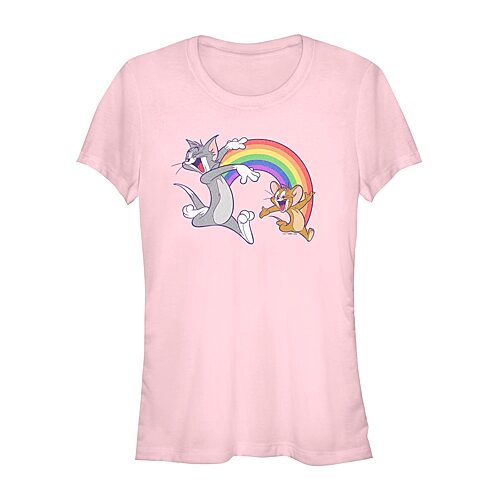 Womens Juniors Crew Neck Short Sleeve Regular Fit Tom and Jerry Graphic T-Shirt, Large, Pink