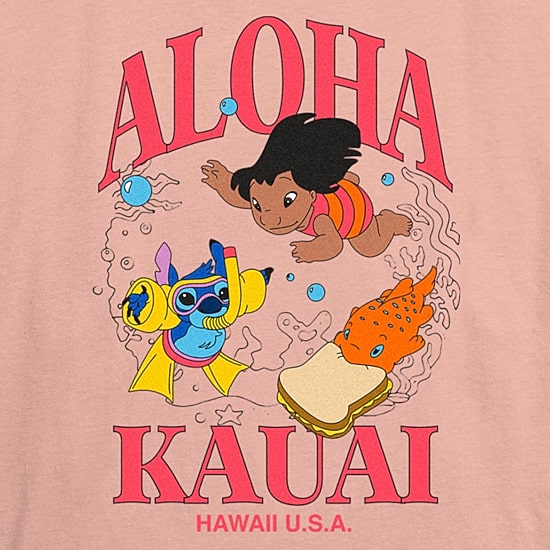 Disney Aloha Kauai Tee Womens Juniors Crew Neck Short Sleeve Regular Fit Lilo & Stitch Graphic T-Shirt