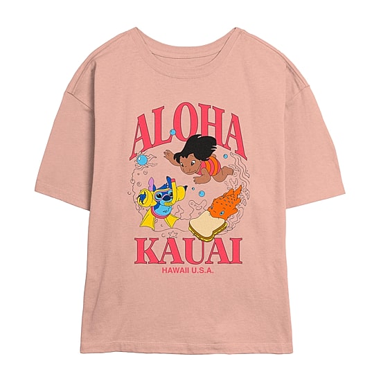 Disney Aloha Kauai Tee Womens Juniors Crew Neck Short Sleeve Regular Fit Lilo & Stitch Graphic T-Shirt