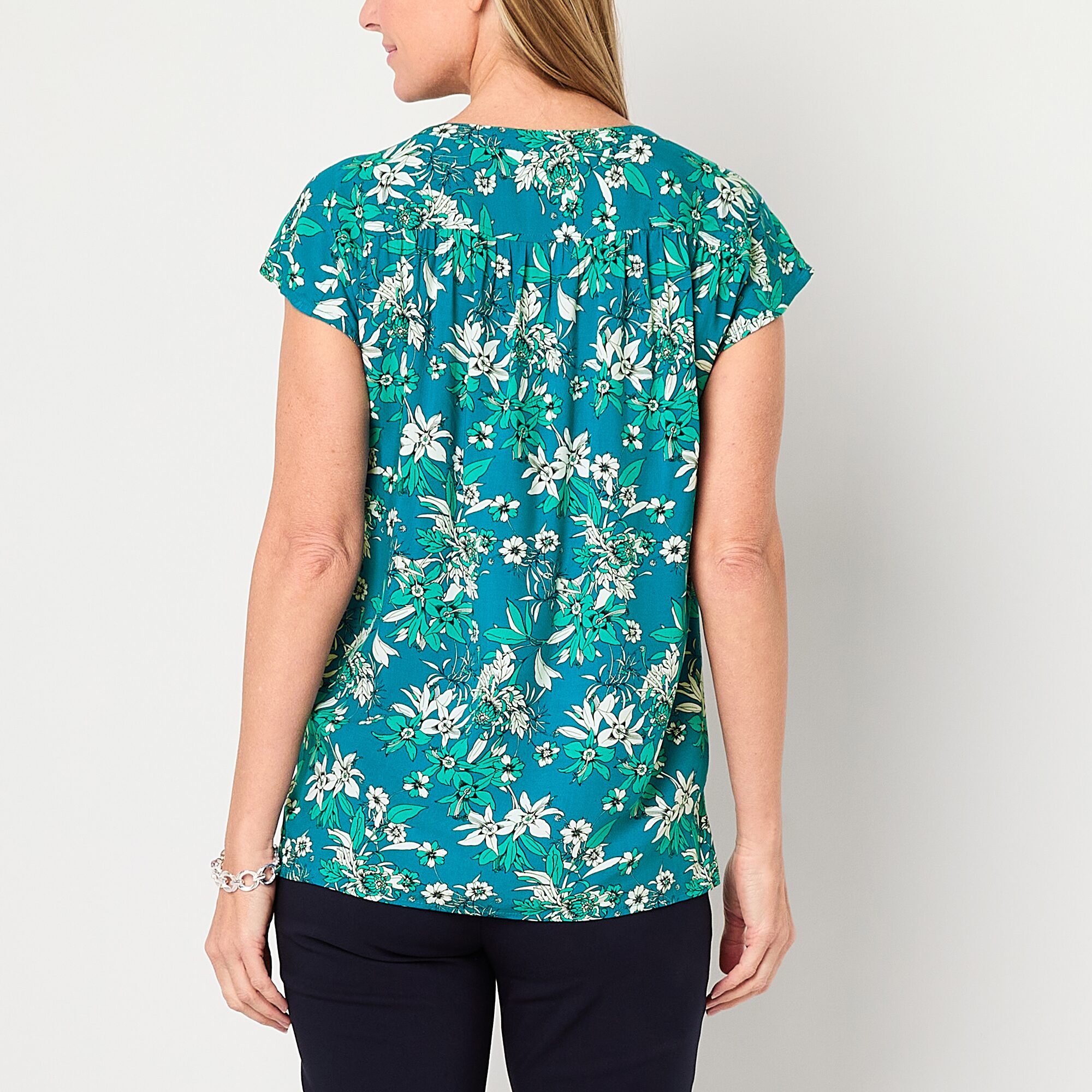 Liz Claiborne Womens Split Crew Neck Short Sleeve Tunic Top
