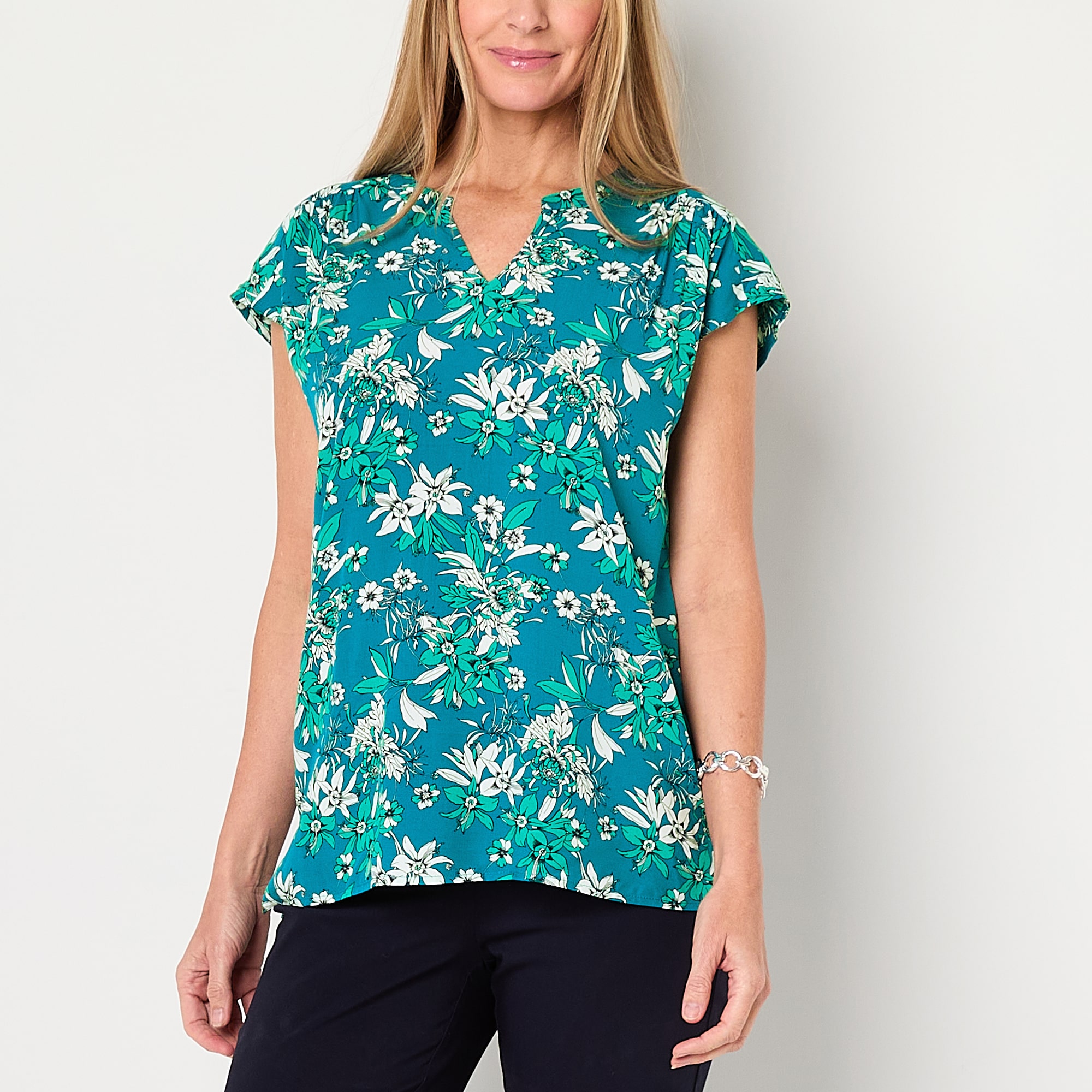 Liz Claiborne Womens Split Crew Neck Short Sleeve Tunic Top