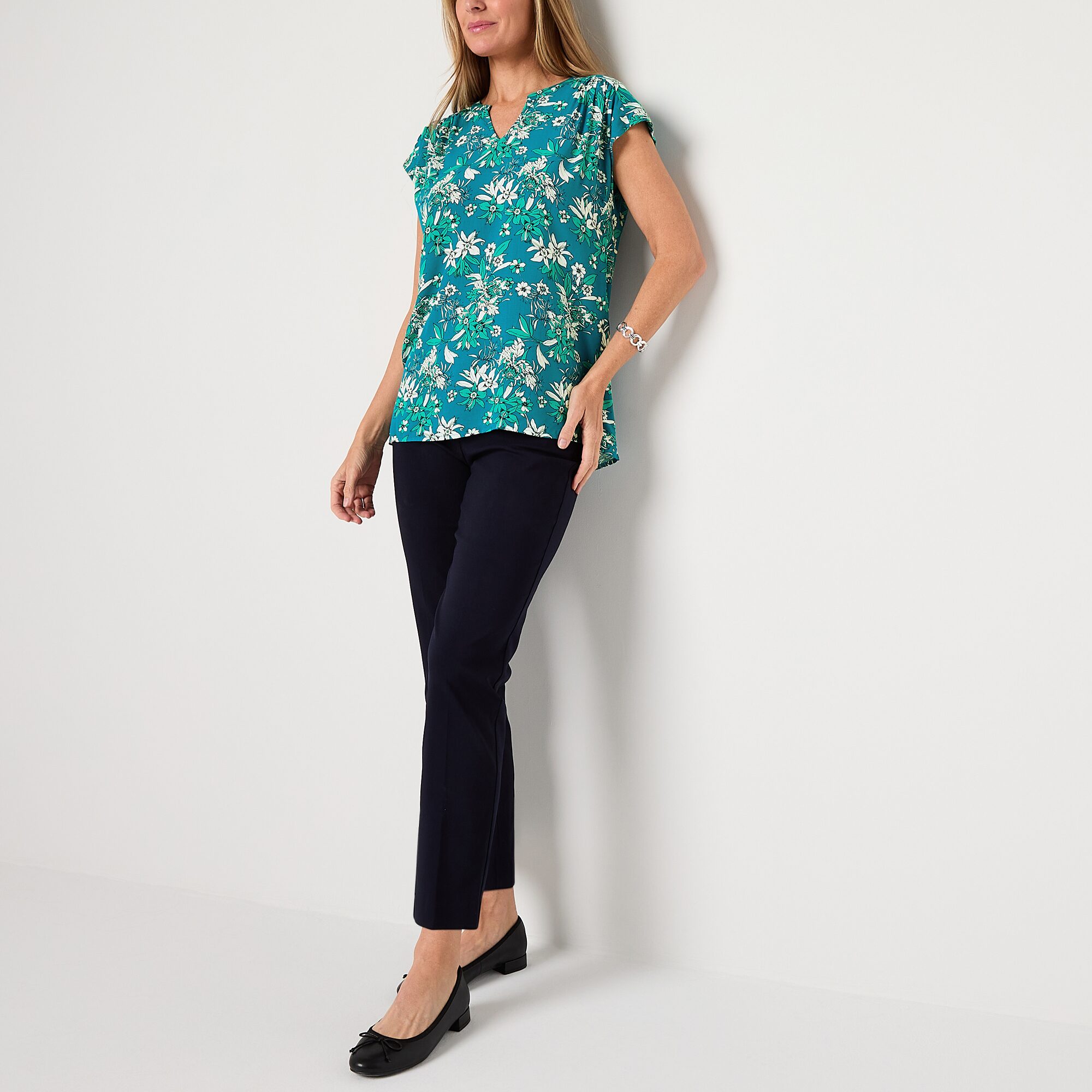 Liz Claiborne Womens Split Crew Neck Short Sleeve Tunic Top