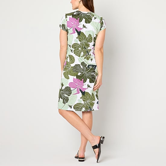 Liz Claiborne Womens Midi Crew Neck Short Sleeve Floral A-Line Dress