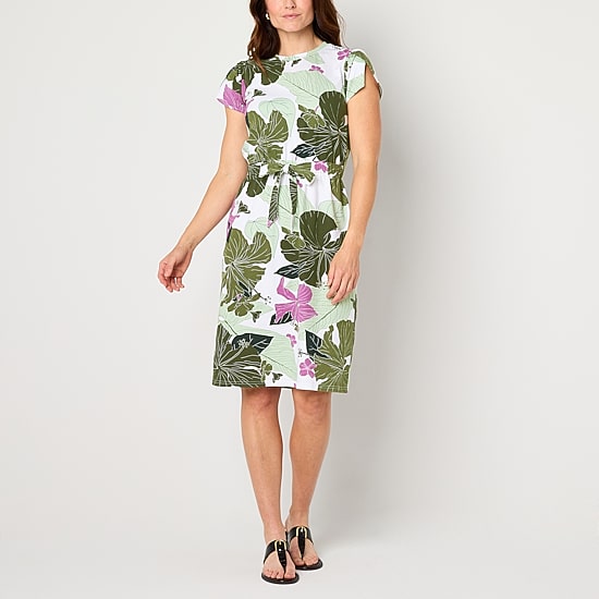 Liz Claiborne Womens Midi Crew Neck Short Sleeve Floral A-Line Dress