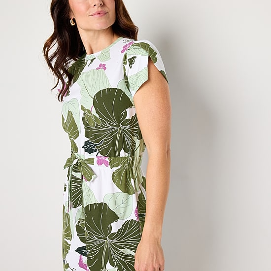 Liz Claiborne Womens Midi Crew Neck Short Sleeve Floral A-Line Dress