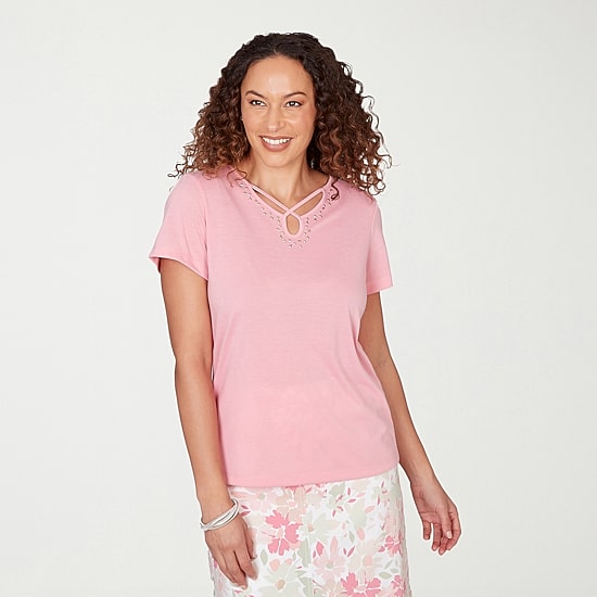 Hearts Of Palm Womens Keyhole Neck Short Sleeve Embellished Blouse