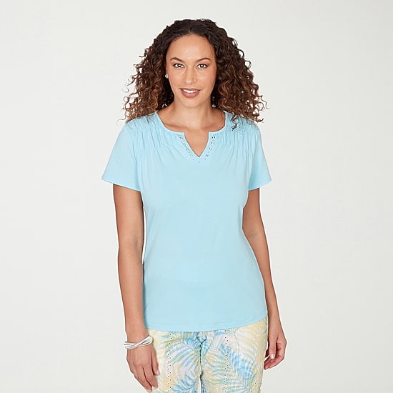 Hearts Of Palm Womens Split Crew Neck Short Sleeve Embellished Blouse