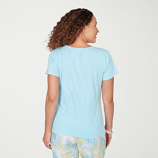 Hearts Of Palm Womens Split Crew Neck Short Sleeve Embellished Blouse
