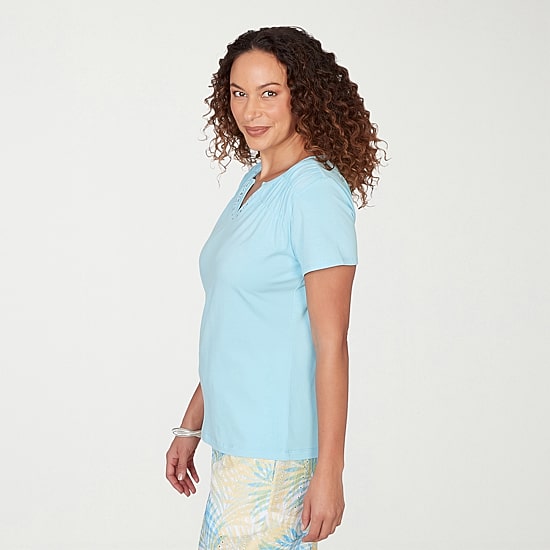 Hearts Of Palm Womens Split Crew Neck Short Sleeve Embellished Blouse