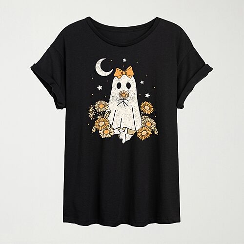 Novelty T-shirts Womens Juniors Crew Neck Short Sleeve Oversized Graphic T-shirt In Black