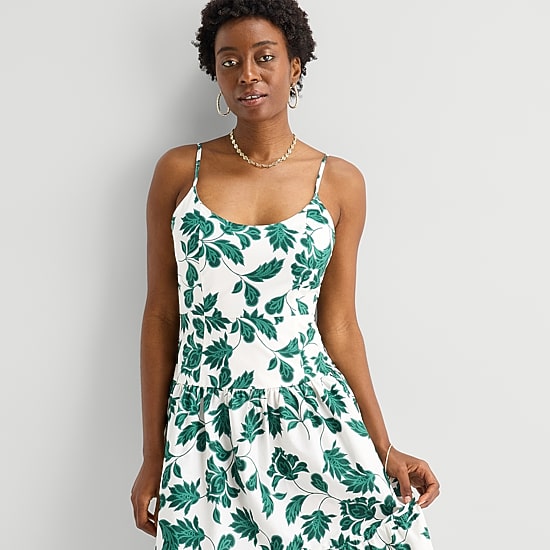 52seven Womens Midi Round Neck Sleeveless Leaf Fit + Flare Dress