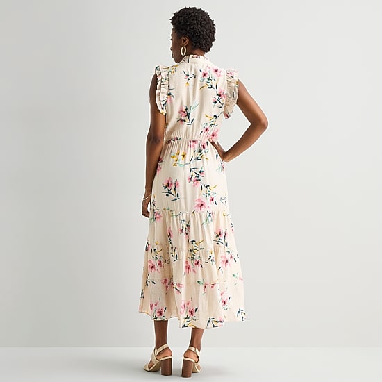 Sandra Darren Womens Notch Neck Sleeveless Ruffled Maxi Dress