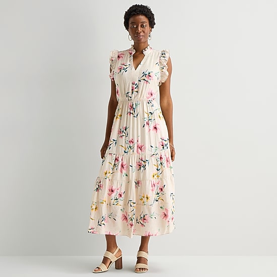Sandra Darren Womens Notch Neck Sleeveless Ruffled Maxi Dress