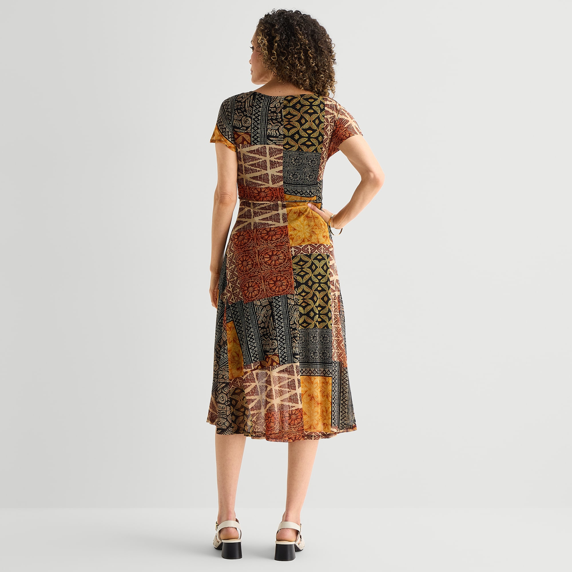 Robbie Bee Womens Midi Round Neck Short Sleeve Dolman Abstract Fit + Flare Dress