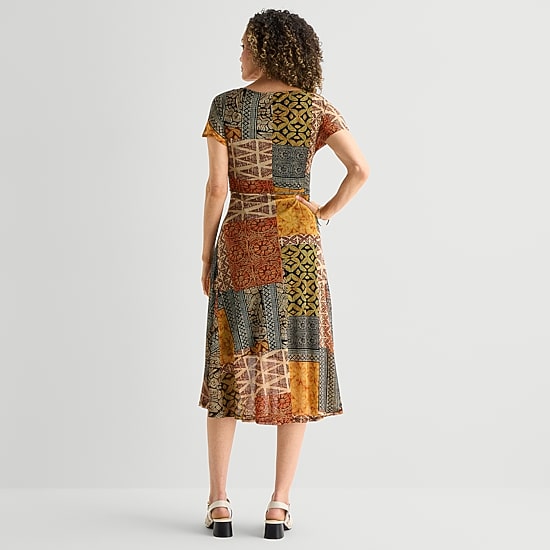 Robbie Bee Womens Midi Round Neck Short Sleeve Dolman Abstract Fit + Flare Dress