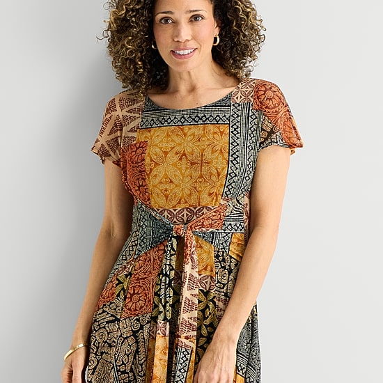 Robbie Bee Womens Midi Round Neck Short Sleeve Dolman Abstract Fit + Flare Dress