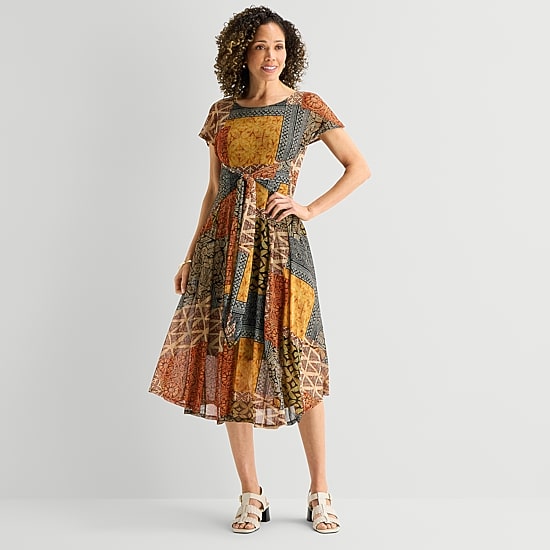 Robbie Bee Womens Midi Round Neck Short Sleeve Dolman Abstract Fit + Flare Dress