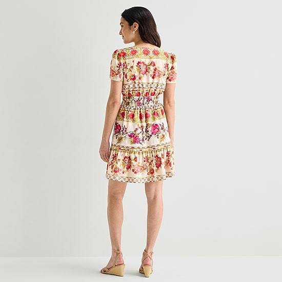 Be by CHETTA B Womens Notch Neck Short Sleeve Fitted Floral Fit + Flare Dress