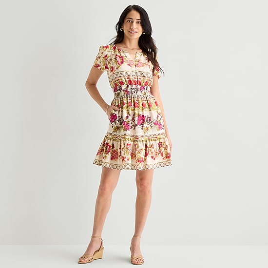 Be by CHETTA B Womens Notch Neck Short Sleeve Fitted Floral Fit + Flare Dress