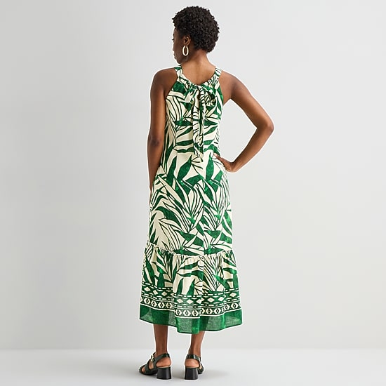 Sandra Darren Womens Midi Round Neck Sleeveless Leaf Shift Dress