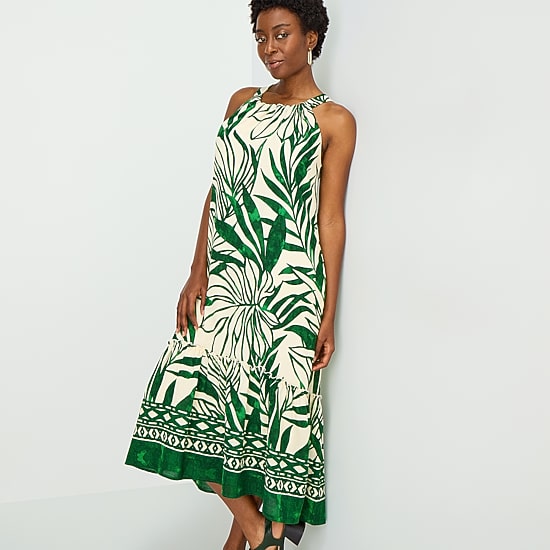 Sandra Darren Womens Midi Round Neck Sleeveless Leaf Shift Dress
