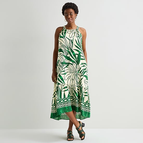 Sandra Darren Womens Midi Round Neck Sleeveless Leaf Shift Dress