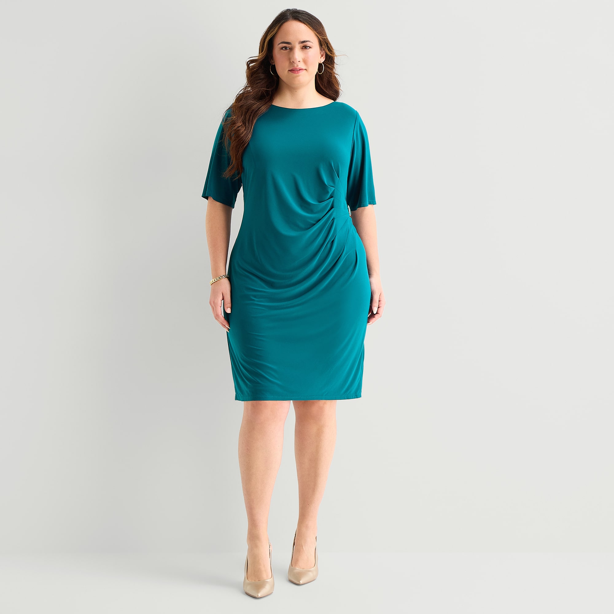 Jessica Howard Womens Plus Boat Neck Short Sleeve Sheath Dress