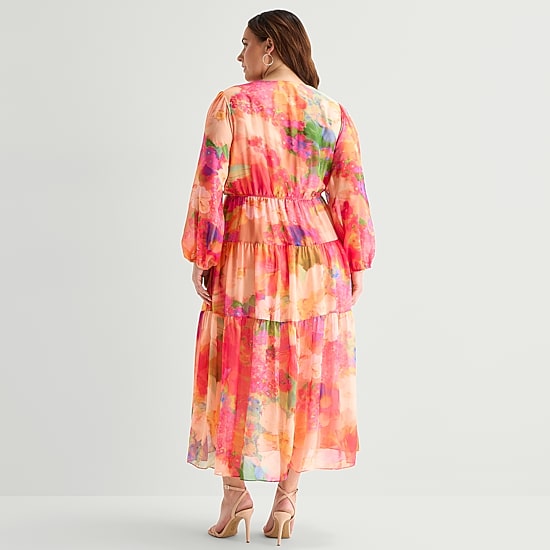 Robbie Bee Womens Plus V Neck Long Sleeve Balloon Chiffon Maxi Dress