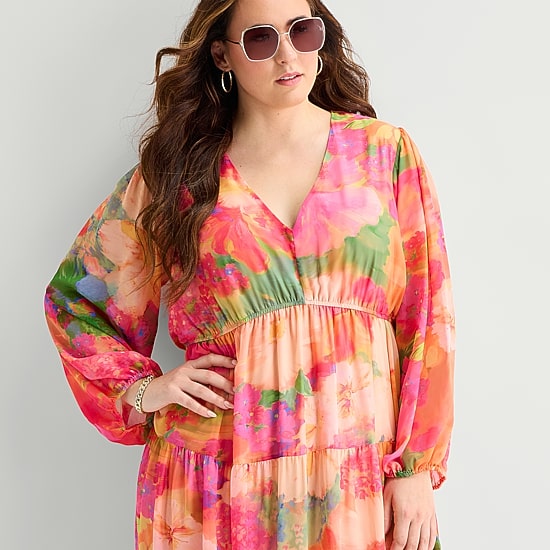 Robbie Bee Womens Plus V Neck Long Sleeve Balloon Chiffon Maxi Dress