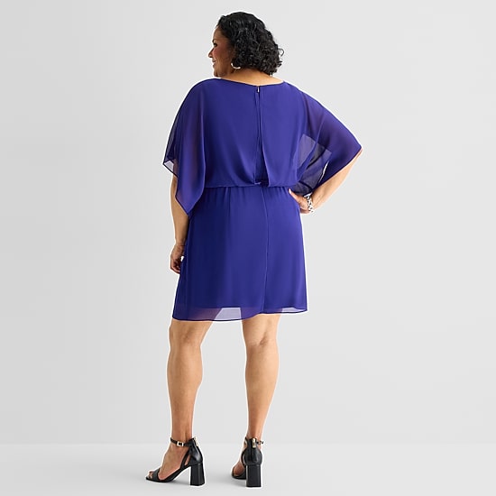 Jessica Howard Womens Plus Boat Neck 3/4 Sleeve Flutter Fit + Flare Dress