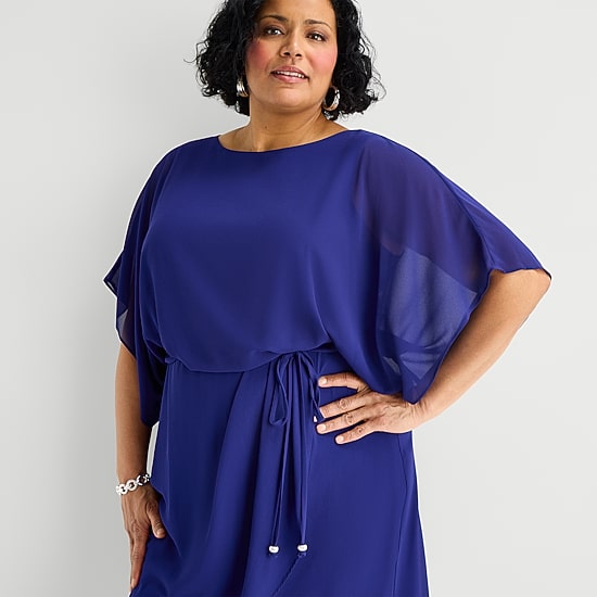 Jessica Howard Womens Plus Boat Neck 3/4 Sleeve Flutter Fit + Flare Dress