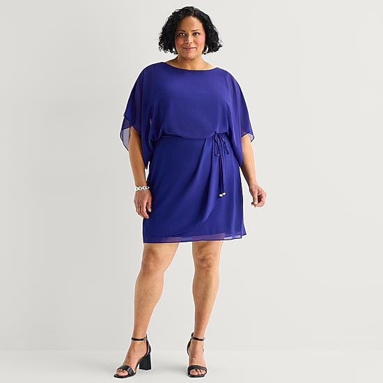 Jessica Howard Womens Plus Boat Neck 3/4 Sleeve Flutter Fit + Flare Dress
