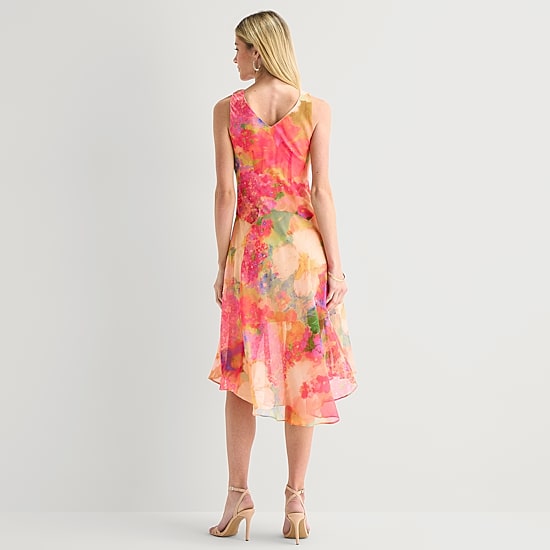 Robbie Bee Womens Petite Midi V Neck Sleeveless Chiffon Floral Fit + Flare Dress