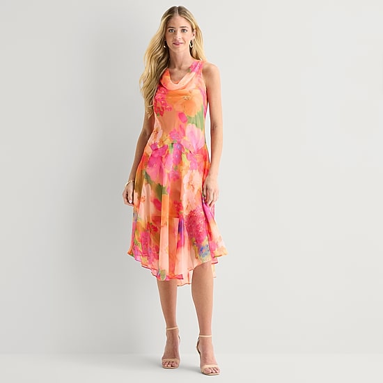 Robbie Bee Womens Petite Midi V Neck Sleeveless Chiffon Floral Fit + Flare Dress