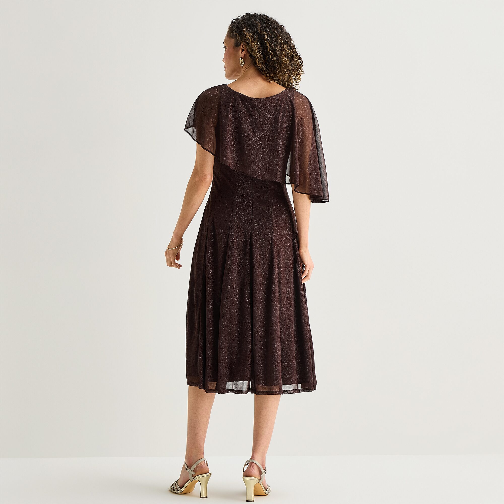 Danny & Nicole Womens Midi Round Neck Short Sleeve Cape Fit + Flare Dress