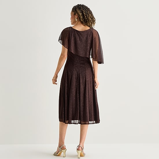 Danny & Nicole Womens Midi Round Neck Short Sleeve Cape Cape Fit + Flare Dress