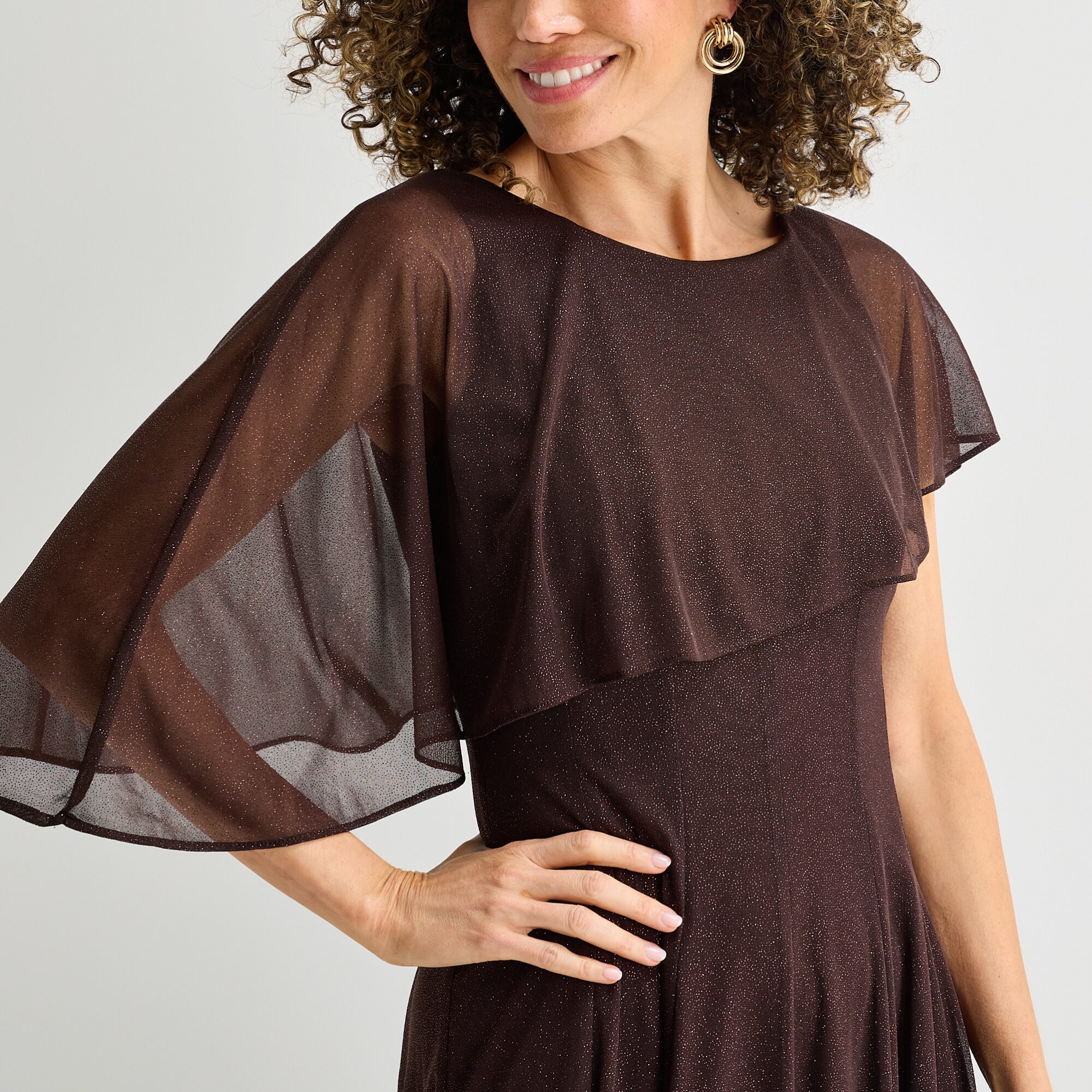 Danny & Nicole Womens Midi Round Neck Short Sleeve Cape Fit + Flare Dress