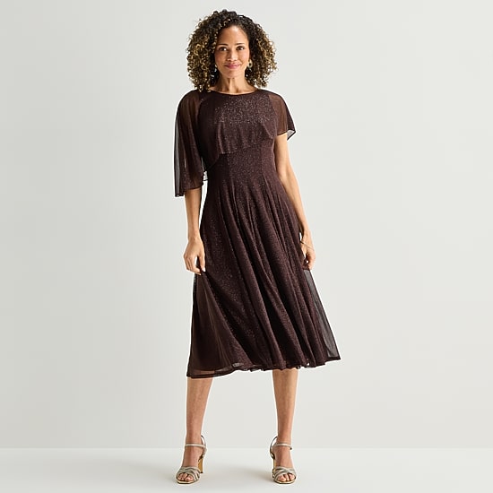 Danny & Nicole Womens Midi Round Neck Short Sleeve Cape Cape Fit + Flare Dress