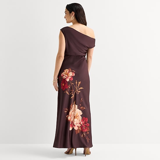 Melonie T Womens Asymmetrical Neck Sleeveless One Shoulder Floral Evening Gown