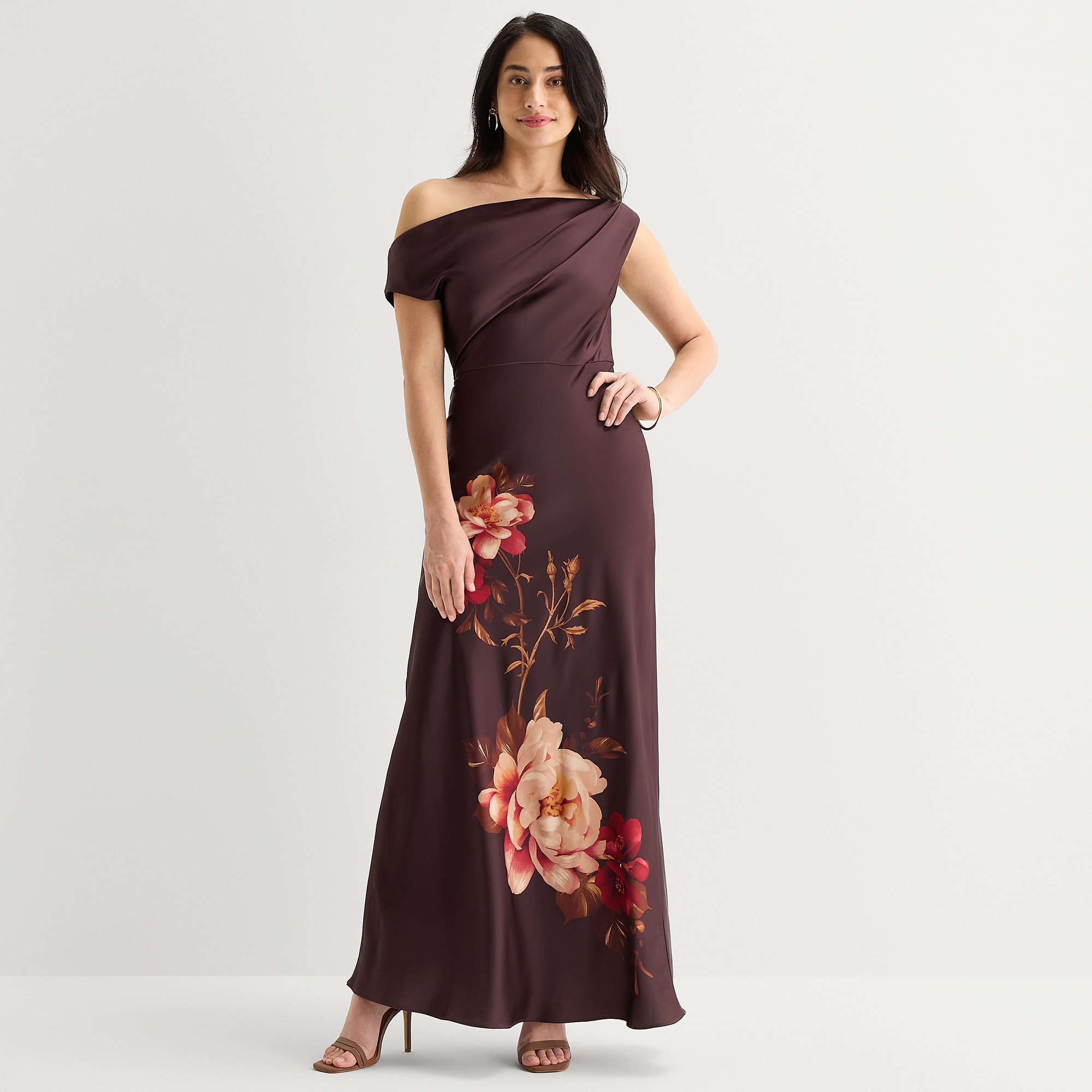 Melonie T Womens Asymmetrical Neck Sleeveless One Shoulder Floral Evening Gown