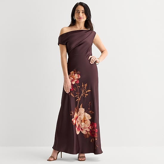 Melonie T Womens Asymmetrical Neck Sleeveless One Shoulder Floral Evening Gown