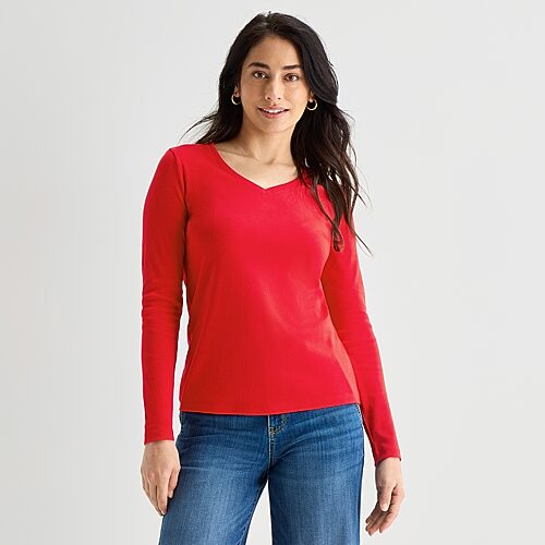 St. John's Bay Womens Tall V Neck Long Sleeve T-shirt In Red