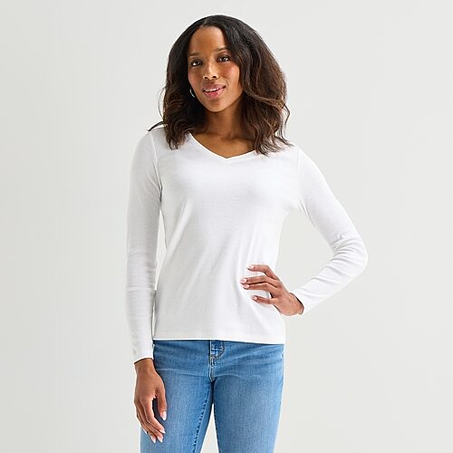 St. John's Bay Womens Tall V Neck Long Sleeve T-shirt In White