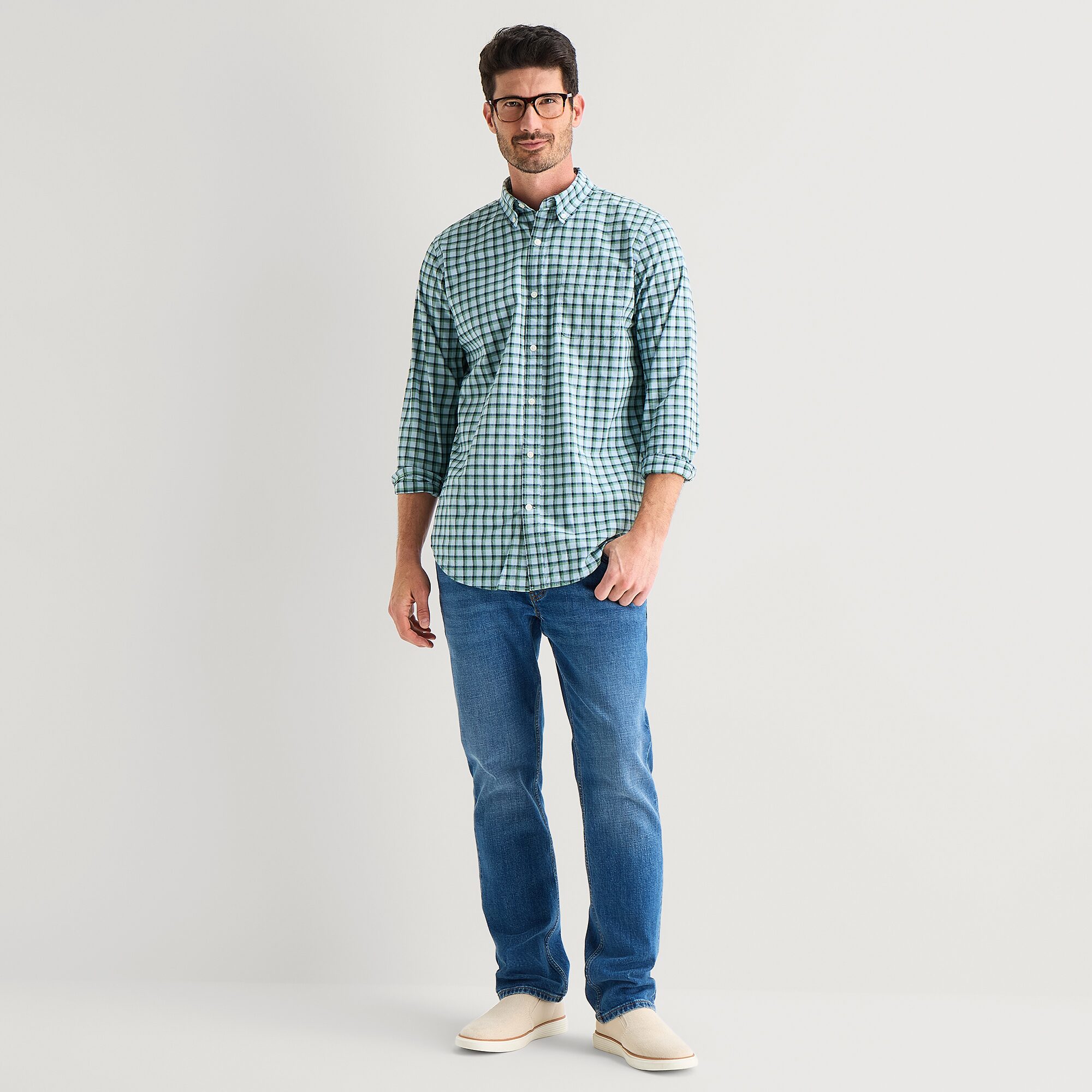St. John's Bay Stretch Poplin Mens Long Sleeve Slim Fit Button-Down Shirt
